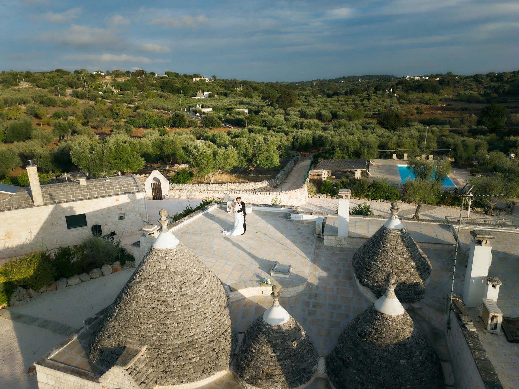 Aerial view of the trulli and the countryside around the estate