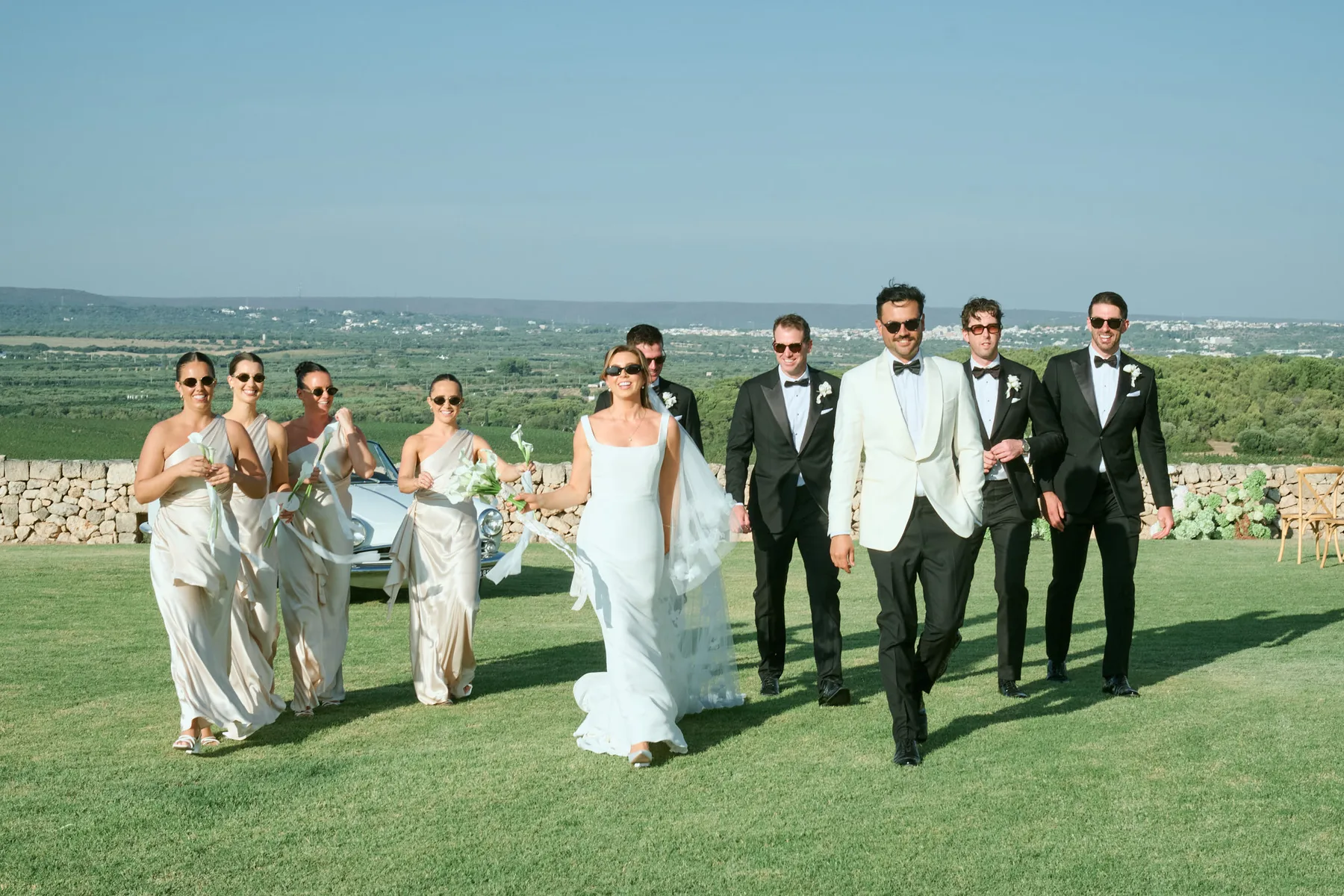 The couple, bridesmaids and groomsmen beside the vintage car